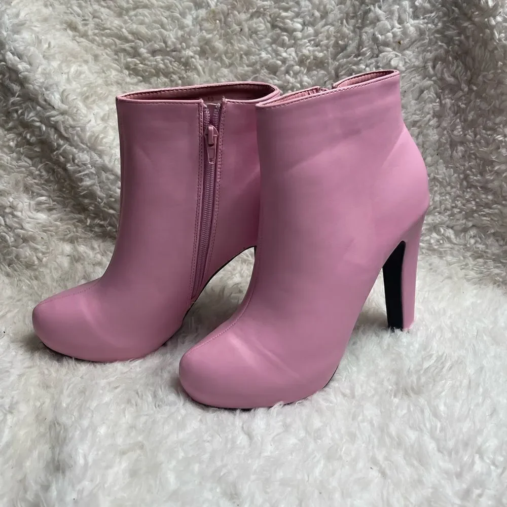 Allegra K faux leather pink ankle boots hidden platform heels side zipper SZ10